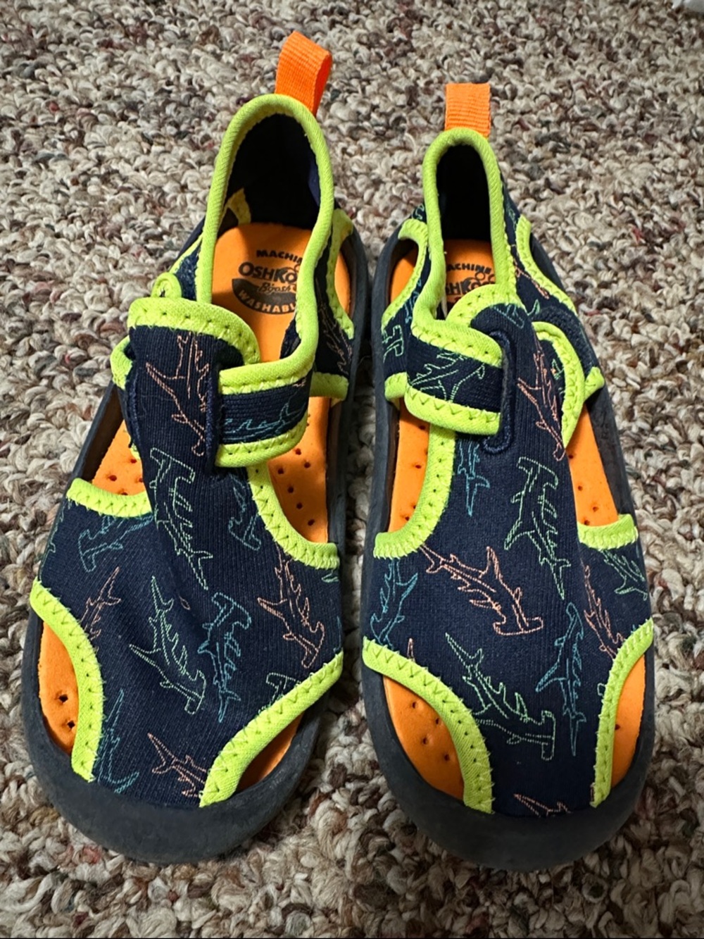 OshKosh B'gosh Navy Shark Water Shoes with Orange & Neon Green Trim